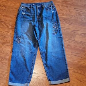 High Rise Waist Boyfriend Jeans with Embroidered Details INC Denim Distressed